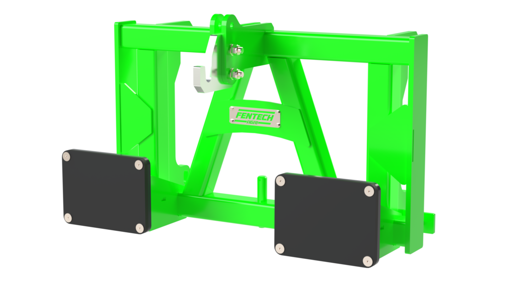 Fentech Agri Rhino attachment featuring a robust 30mm hook and rubber pads, designed for safe and efficient lifting of implements with a 3-point hitch, compatible with various loader brackets.