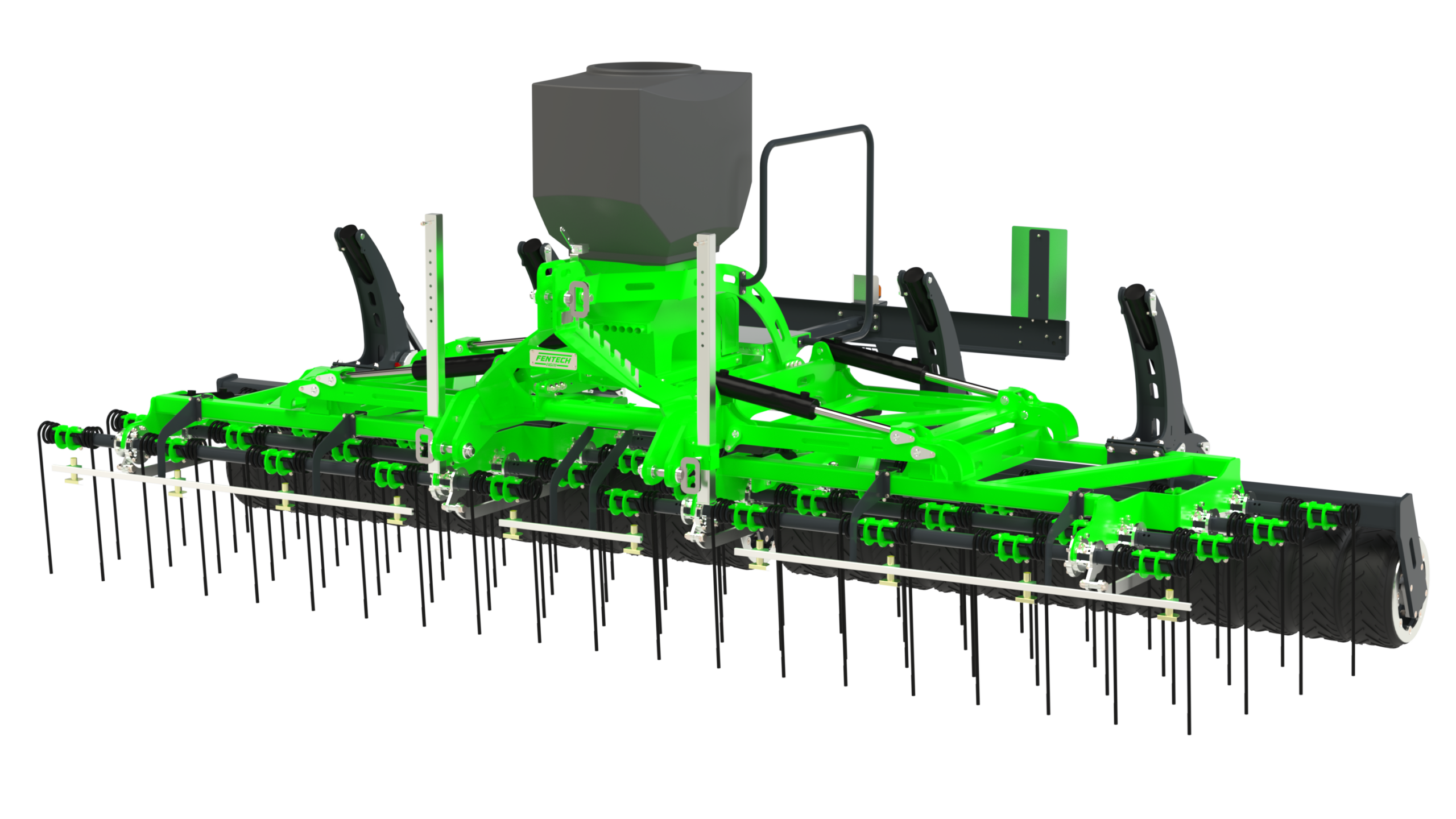 Fentech Agri Phoenix 6 m high‑speed mounted weed and seedbed preparation cultivator with BTT Max Life rake tines and rubber tyre packer.