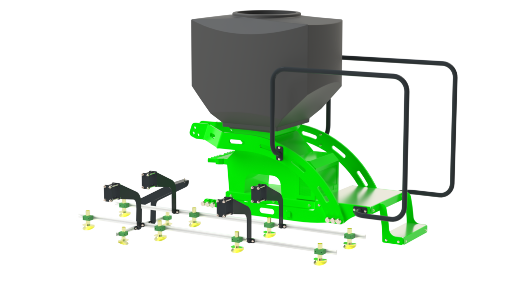 Custom-fabricated applicator platform with safety handrails and steps mounted on agricultural machinery, powder coated to match equipment