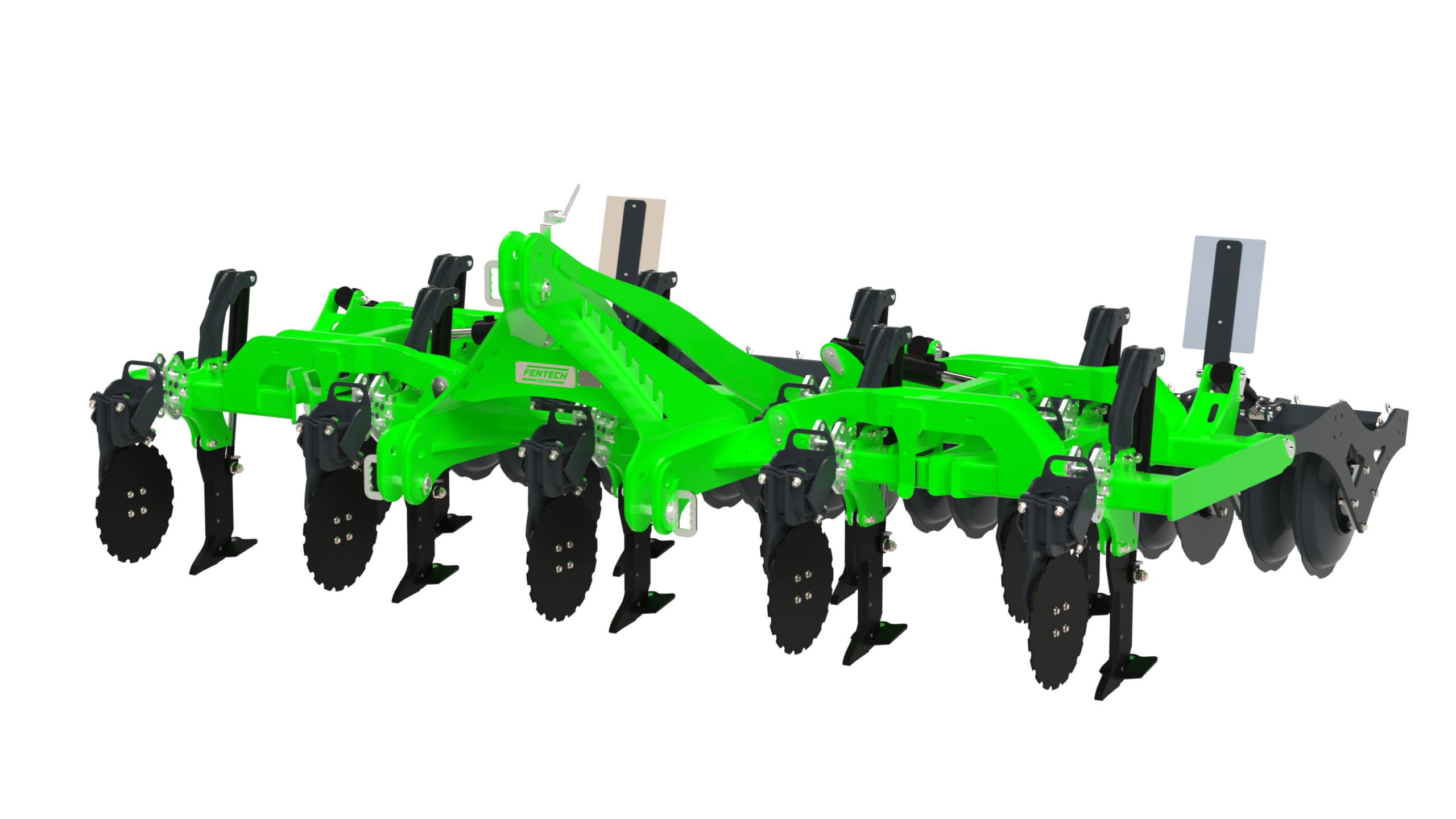 Front view render of Fentech Agri Tremor subsoiler unfolded with DD roller, auto-reset legs and cutting discs in field configuration