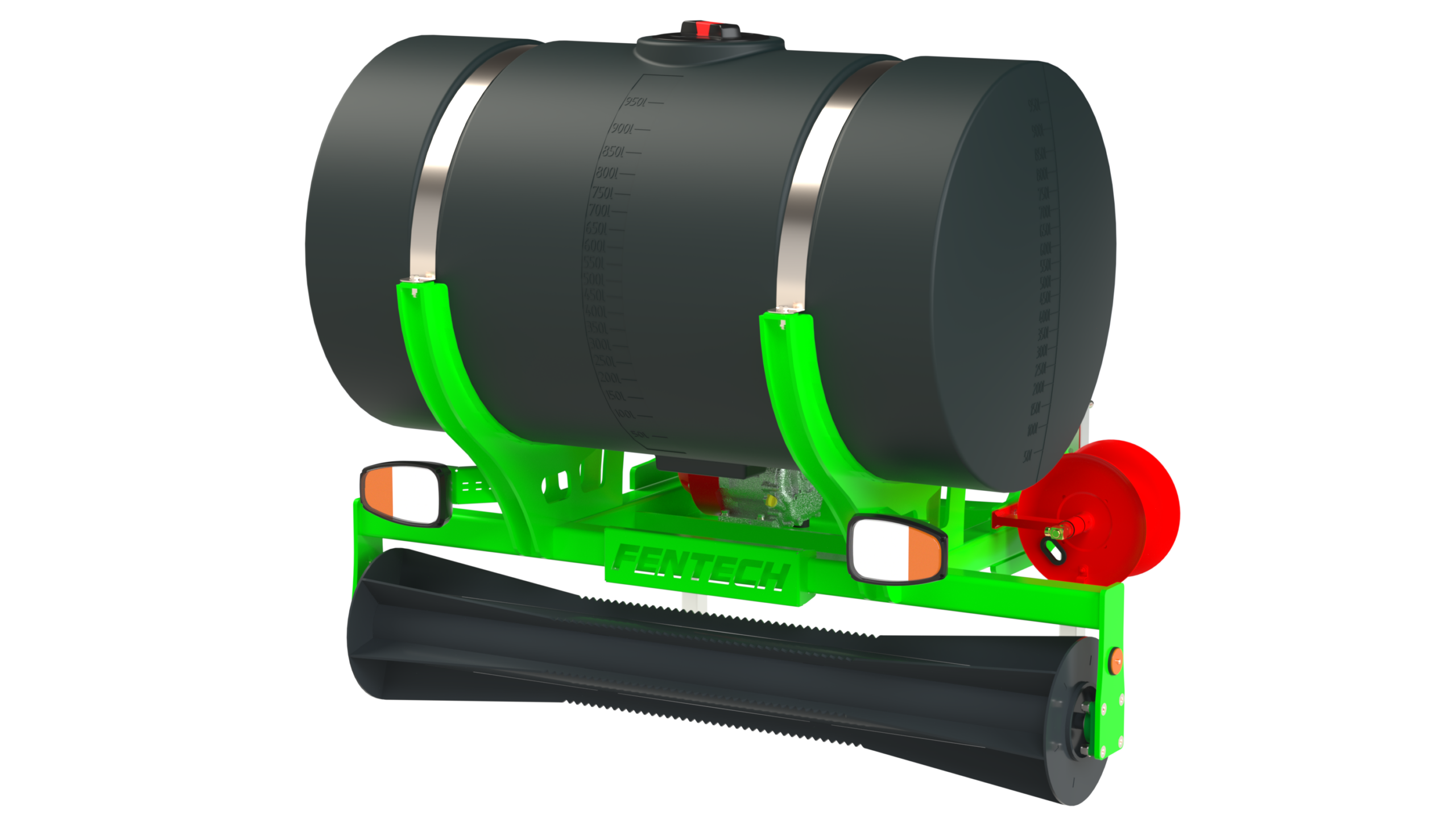 Front view render of Sentinel fire suppression system with optional swath roller mounted on agricultural tractor