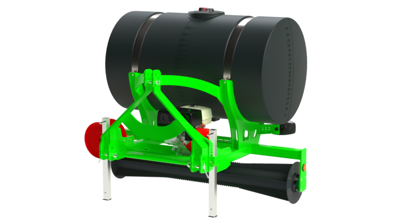 Rear view render of Sentinel agricultural fire suppression system showing tank, hose reel and optional swath roller