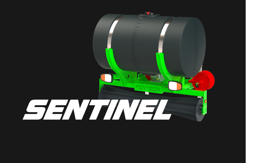 Render of Sentinel fire suppression system showing tank, hose reel, and nozzles, unmounted for display