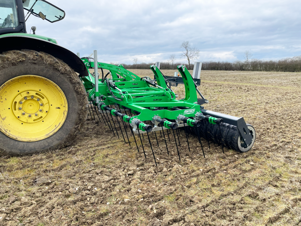 Phoenix 6m mounted stubble rake working in a field as an eligible machine under the FETF 2026 grant scheme.