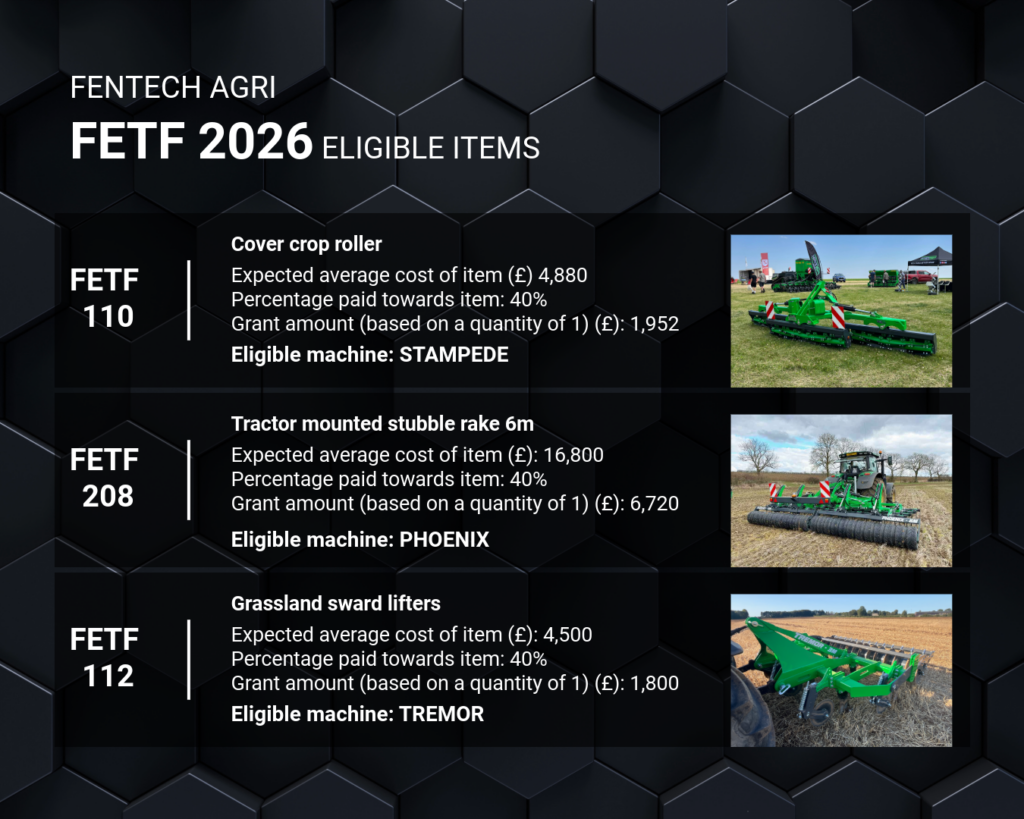 Fentech Agri's Phoenix, Stampede, and Tremor machines displayed together, all eligible under the FETF 2026 grant scheme.